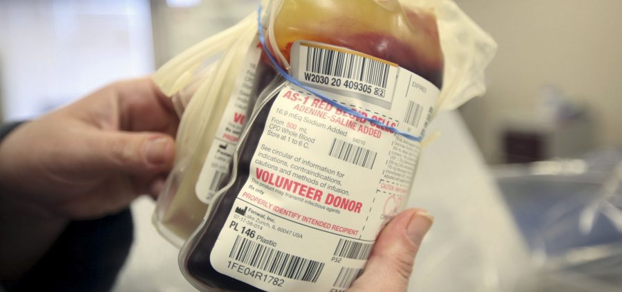Donated blood is seen at The American Red Cross donation center in Scranton, Pa., on Monday, March 9, 2020. Due to the flu season and coronavirus, donations are down across the country