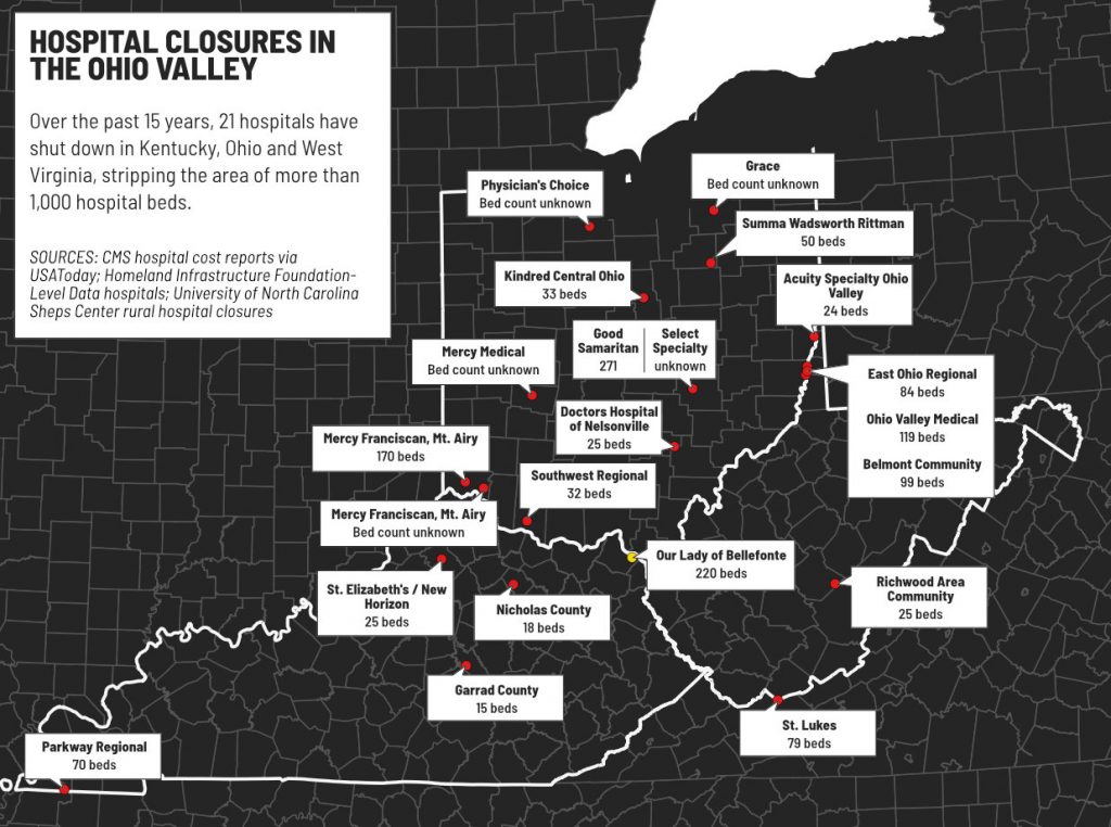 A map show hospital closures in Kentucky, Ohio and West Virginia