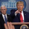 President Trump takes questions at a press conference with, from left, National Institute for Allergy and Infectious Diseases Director Anthony Fauci, Vice President Mike Pence and Centers for Disease Control and Prevention Director Robert Redfield.