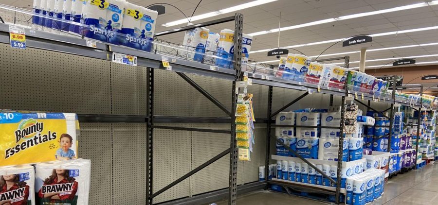 A Columbus grocery store has some empty space in the paper products aisle. Some stores are reporting items selling out or shortages of some items, such as hand sanitizer.