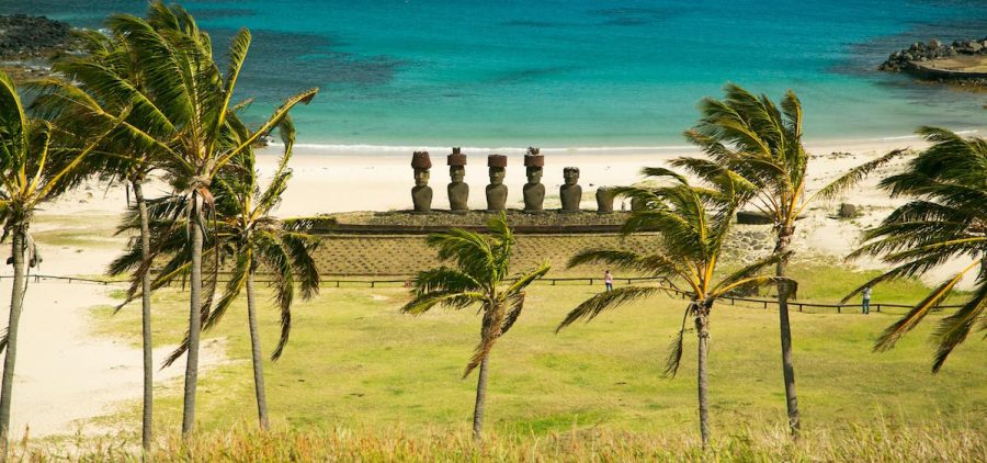 Ahu Nau Nau, a ceremonial site at Anakena Beach on Rapa Nui (“Easter Island”).
