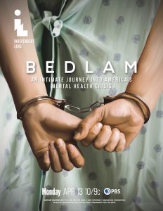 Ad for Bedlam. closeup og hospital gown with handcuffs