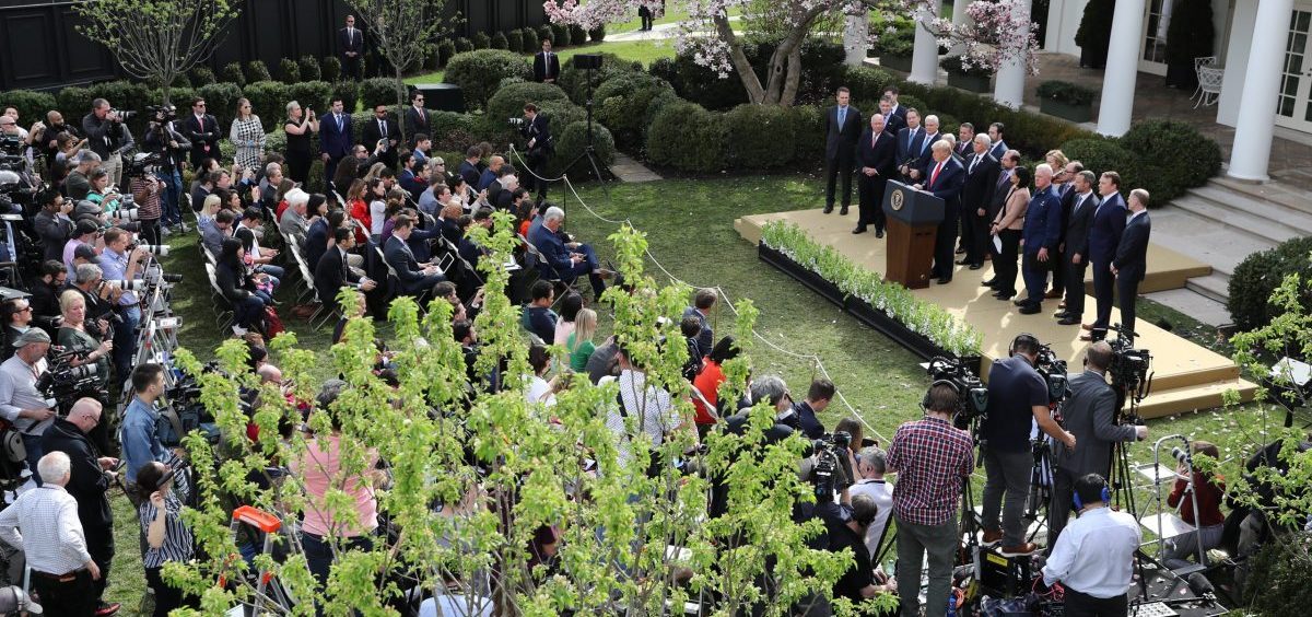President Trump speaks during a news conference about the coronavirus pandemic in the Rose Garden of the White House on March 13.