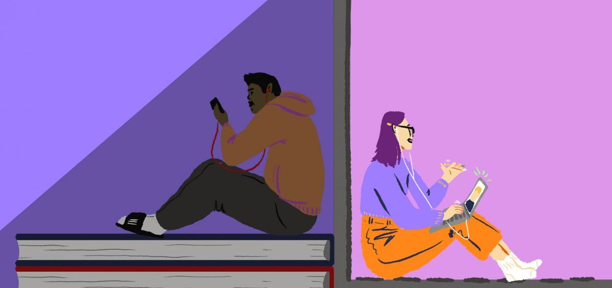 A drawing of two students teleconferencing