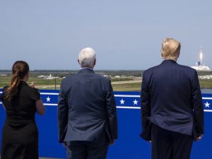 President Trump, Vice President Pence and Karen Pence view the SpaceX flight to the International Space Station at Kennedy Space Center, Saturday in Cape Canaveral, Fla.