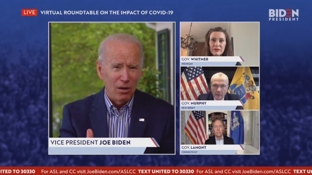 Former Vice President Joe Biden speaks on May 14 with Democratic Govs. Gretchen Whitmer of Michigan, Phil Murphy of New Jersey and Ned Lamont of Connecticut about the response to the COVID-19 pandemic.
