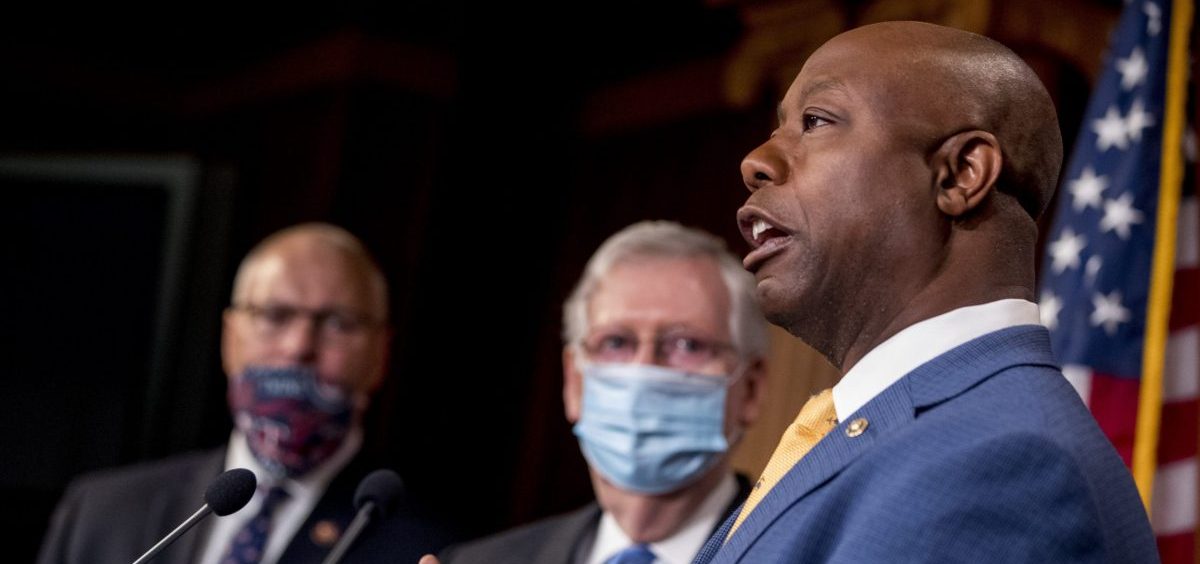 Sen. Tim Scott, R-S.C., speaks at a news conference to announce a Republican police reform bill on Capitol Hill on Wednesday.