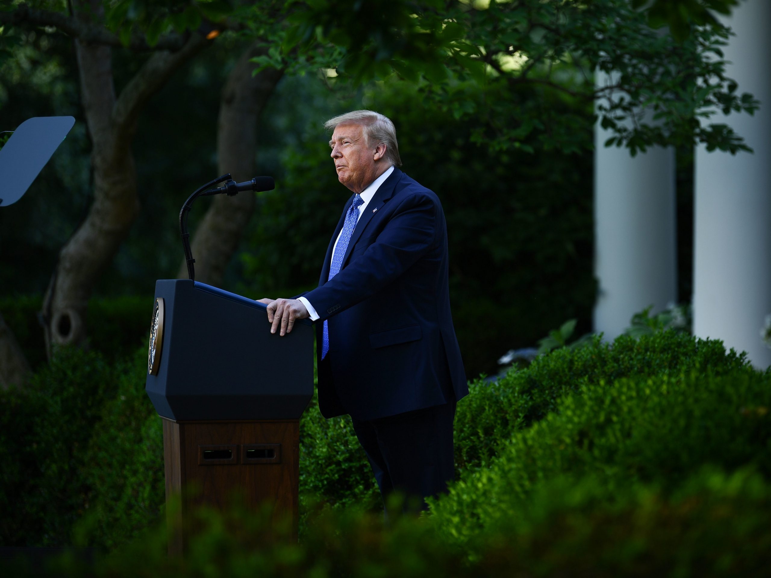 President Trump delivers remarks in front of the media in the Rose Garden of the White House on Monday.