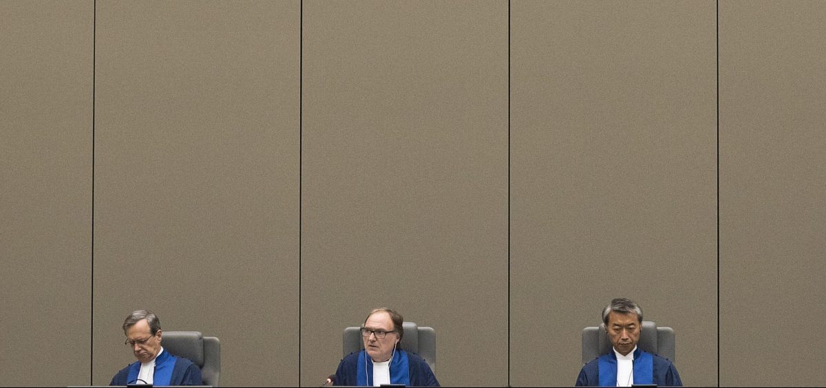 A trio of judges oversee a trial in 2017, at the International Criminal Court in The Hague, Netherlands.
