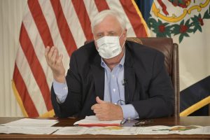 Gov. Jim Justice wears a mask during a virtual news conference in which he announced a statewide order that mandates face coverings in buildings outside of a person's home on Monday, July 6, 2020.