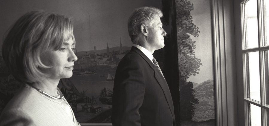 President Clinton and First Lady Hillary Rodham Clinton stand alone and look out a window before the President Kim State Arrival Ceremony. (June 9, 1998)