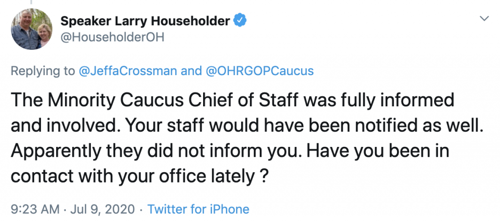 A screenshot of a tweet sent by Larry Householder