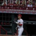 Cincinnati Reds' Joey Votto (19) waits on deck during a game against the Pittsburgh Pirates in Cincinnati, Friday, Aug. 14, 2020.