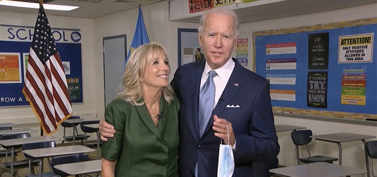 In this image from video, Jill Biden is joined by her husband, Democratic presidential candidate former Vice President Joe Biden, after speaking during the second night of the Democratic National Convention on Tuesday, Aug. 18, 2020.