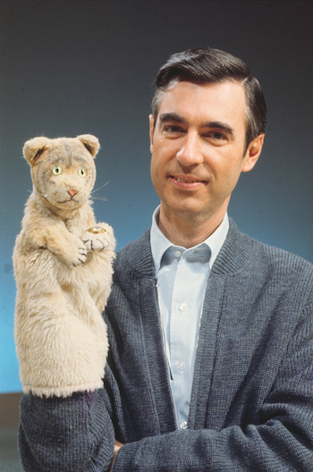 Fred Rogers with Daniel Striped Tiger from his show, "Mister Rogers' Neighborhood."