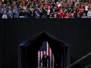 President Trump arrives to speak at a campaign rally at Veterans Memorial Coliseum on Feb. 19 in Phoenix.
