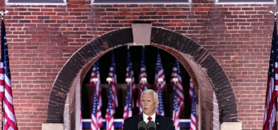 Vice President Pence speaks on the third day of the Republican National Convention at Fort McHenry in Baltimore. He stressed a law and order message as protests over racism and policing continue.