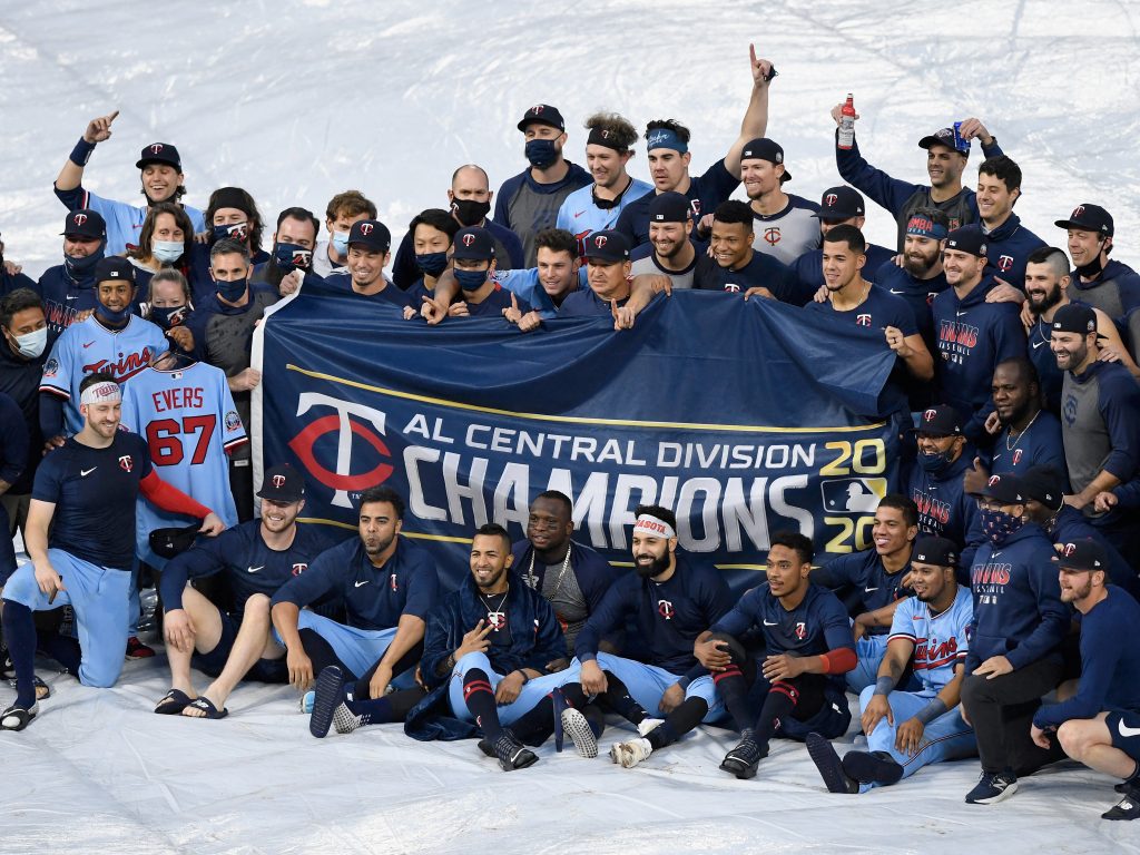 The Minnesota Twins celebrate being the American League Central Division Champions after the game against the Cincinnati Reds on September 27, 2020 in Minneapolis.