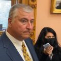 Rep. Larry Householder (R-Glenford) speaks to reporters before session on September 1. It was the first time he was back in the House since being stripped of his speakership in July.