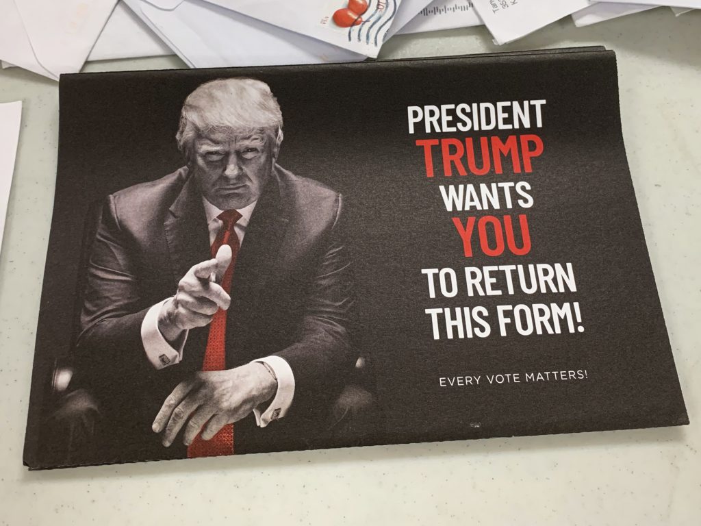 A mailer shows President Trump encouraging mail-in voting, despite his vocal opposition to it.