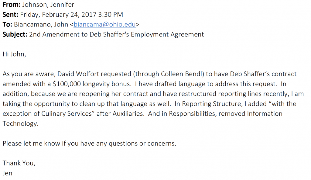 An email from the attorney who drew up the contract awarding Deborah Shaffer a $100,000 bonus