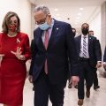 House Speaker Nancy Pelosi, D-Calif., and Senate Minority Leader Chuck Schumer, D-N.Y., speak Sunday following a press conference on Capitol Hill after Republicans and Democrats finally came to an agreement on the coronavirus relief bill.