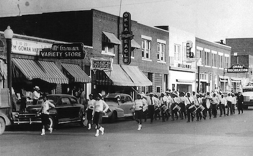 band marching on Greenwood Avenue in Tulsa, Oklahoma.