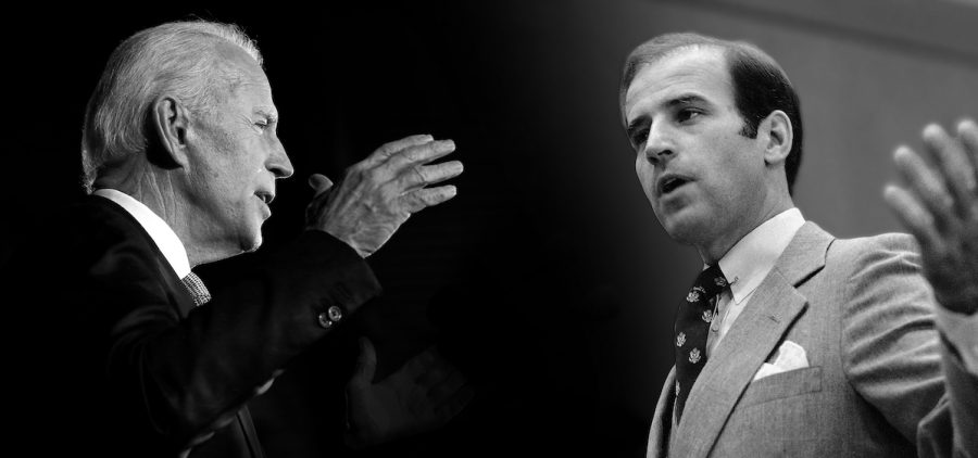 young and older Joe Biden facing each other