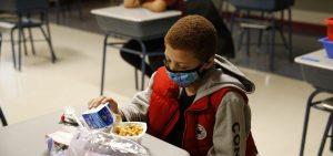 A fourth-grader eats breakfast at Mary L. Fonseca Elementary School in Fall River, Mass.
