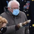 Bernie Sanders arrives for the inauguration of Joe Biden sporting a pair of mittens made from repurposed wool gifted to him by Jen Ellis, a teacher in Vermont.