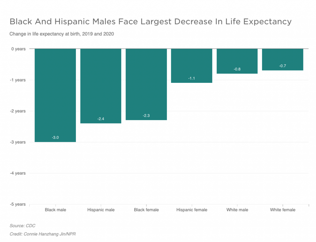A graph shows change in life expectancy at birth, 2019 and 2020 by race