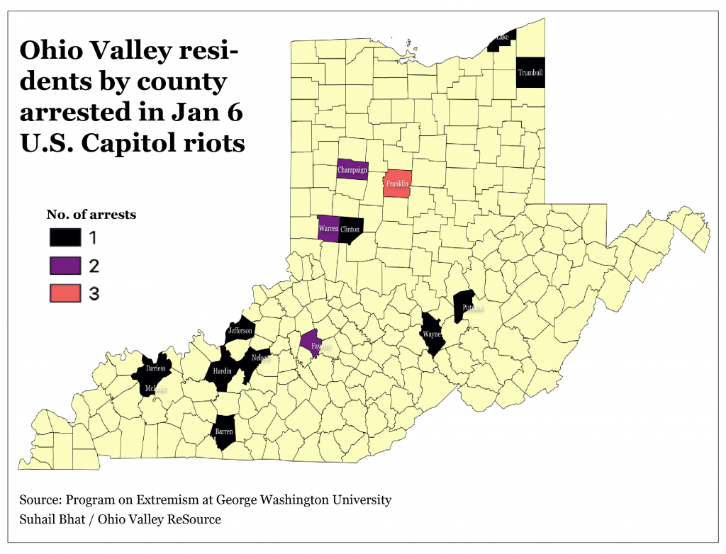 A map show where Ohio Valley resident arrested in Jan. 6 Capitol riots live