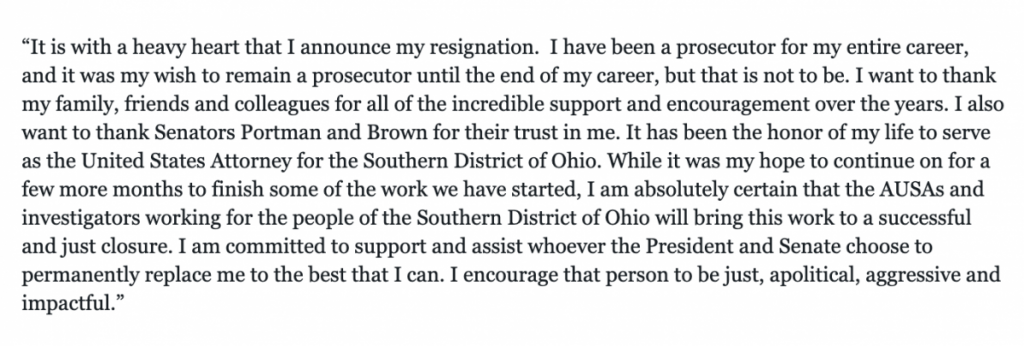 DeViller's resignation statement