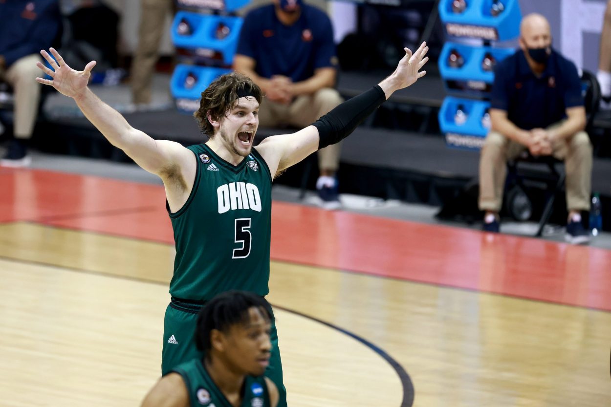BLOOMINGTON, IN - MARCH 20: Ben Vander Plas #5 of the Ohio Bobcats celebrates during the closing seconds of their 62-58 win over the Virginia Cavaliers in the first round of the 2021 NCAA Division I MenÕs Basketball Tournament held at at Simon Skjodt Assembly Hall on March 20, 2021 in Bloomington, Indiana. (Photo by Grant Halverson/NCAA Photos via Getty Images)