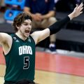Ben Vander Plas #5 of the Ohio Bobcats celebrates during the closing seconds of their 62-58 win over the Virginia Cavaliers in the first round of the 2021 NCAA Division I Men's Basketball Tournament held at at Simon Skjodt Assembly Hall on March 20, 2021 in Bloomington, Indiana.