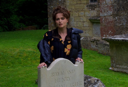 Actress Helena Bonham Carter in Stockton, Wiltshire besides the grave of her father.