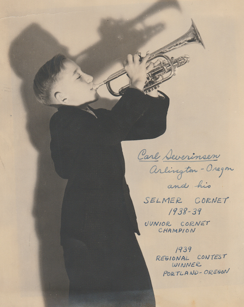 Young Carl "Doc" Severinsen and his beloved trumpet (B&W).