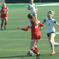 Ohio's Paige Knorr (2) goes for the ball in the Bobcats' match against Miami (OH) on March 4, 2021 at Peden Stadium.