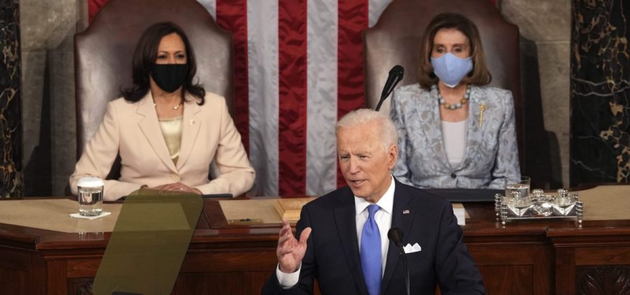 President Joe Biden speaks to a joint session of Congress on Wednesday in the House Chamber at the U.S. Capitol in Washington, as Vice President Kamala Harris and House Speaker Nancy Pelosi watch.