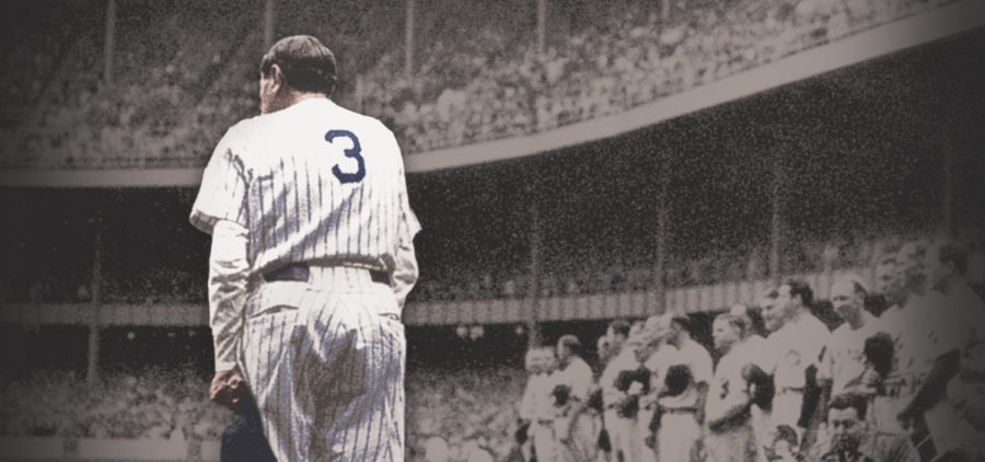 Babe Ruth from the back wearing #3 Yankee uniform