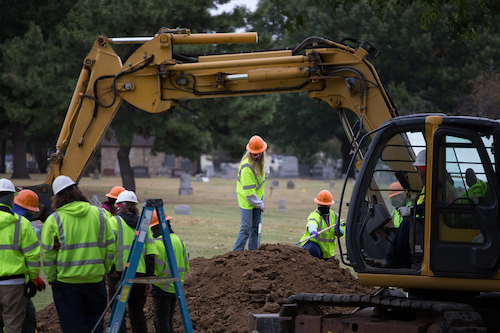 A team of forensic archeologists excavate a suspected mass grave site at Tulsa’s Oaklawn Cemetery. 19 October 2020.
