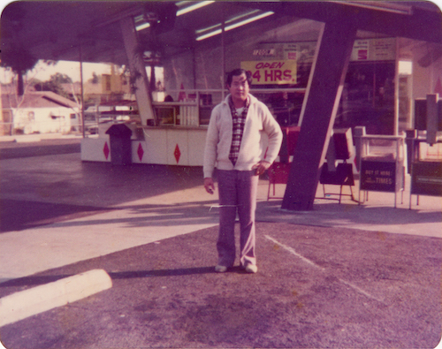 Ted Ngoy stands in front of his first donut shop, in the 1970s, in Southern California