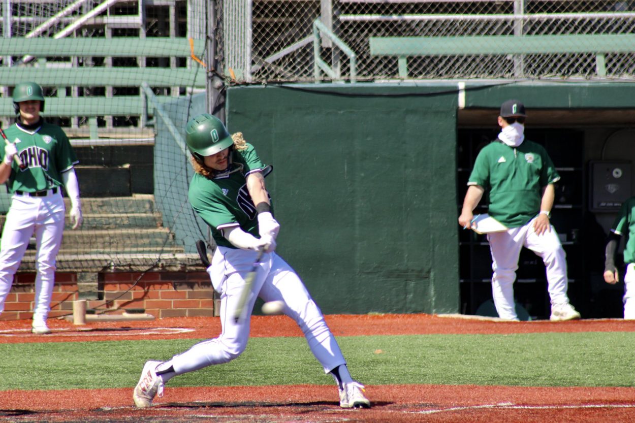 Ohio Baseball senior Treyben Funderburg swings at a pitch during the Bobcats' game against Bowling Green on March 21, 2021 at Bob Wren Stadium. (PHOTO: Nick Viland/WOUB)
