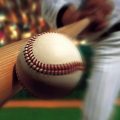 Fisheye image of baseball bat hitting baseball