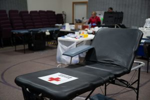 A blood donation chair sits unused in New Lexington, Ohio, 