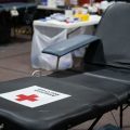 A blood donation chair sits unused