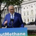 Senate Majority Leader Chuck Schumer, joined by Sens. Ed Markey (left) and Martin Heinrich, discusses legislation in April to reimpose regulations to reduce methane pollution from oil and gas wells.
