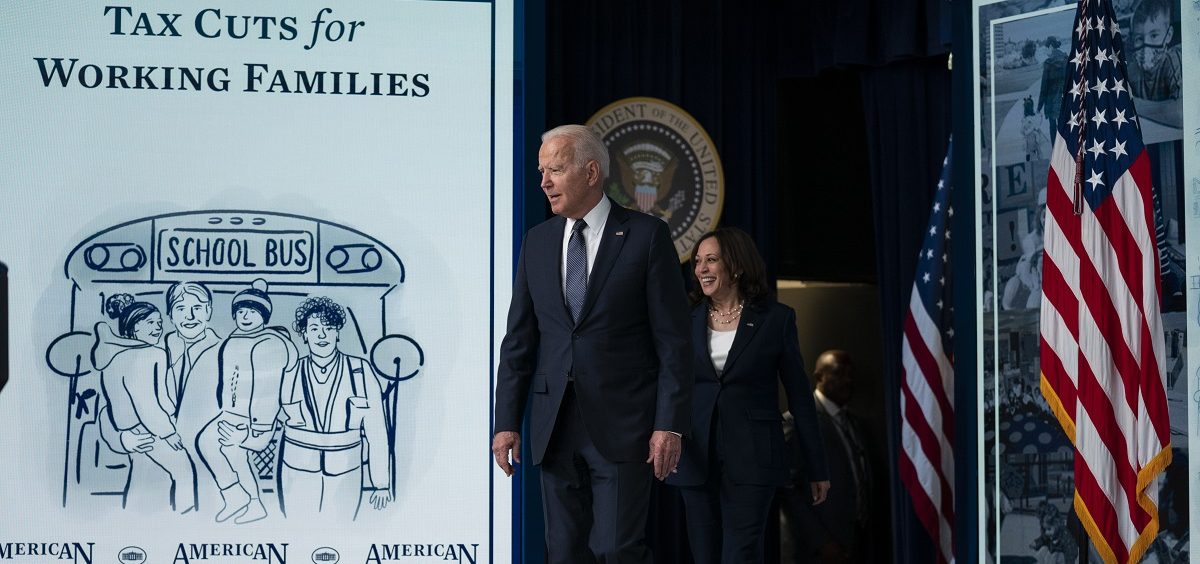 President Joe Biden and Vice President Kamala Harris arrive for an event to mark the start of monthly Child Tax Credit relief payments, in the South Court Auditorium on the White House complex, Thursday, July 15, 2021, in Washington.