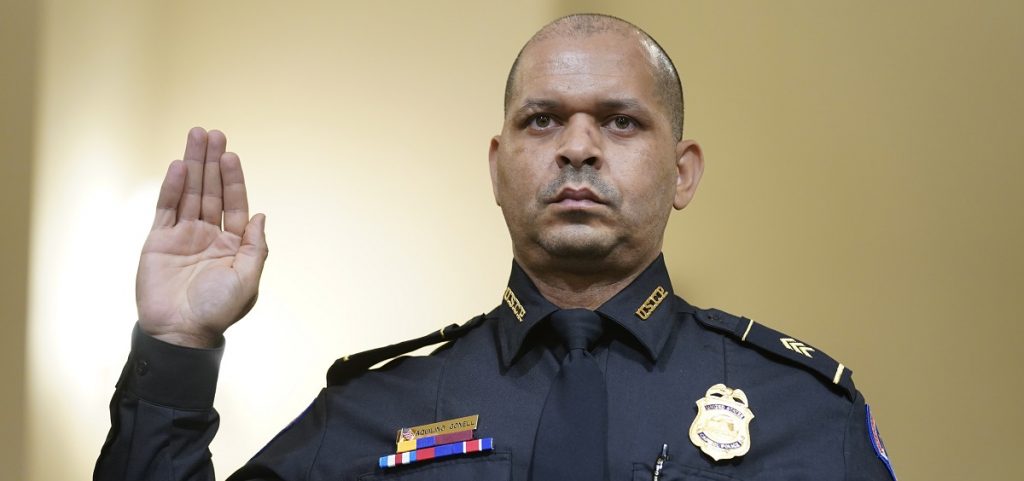 U.S. Capitol Police Sgt. Aquilino Gonell is sworn in to testify to the House select committee hearing on the Jan. 6 attack on Capitol Hill in Washington