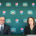 New Head Football Coach Tim Albin and Ohio Athletic Director Julie Cromer at a press conference Thursday, July 15